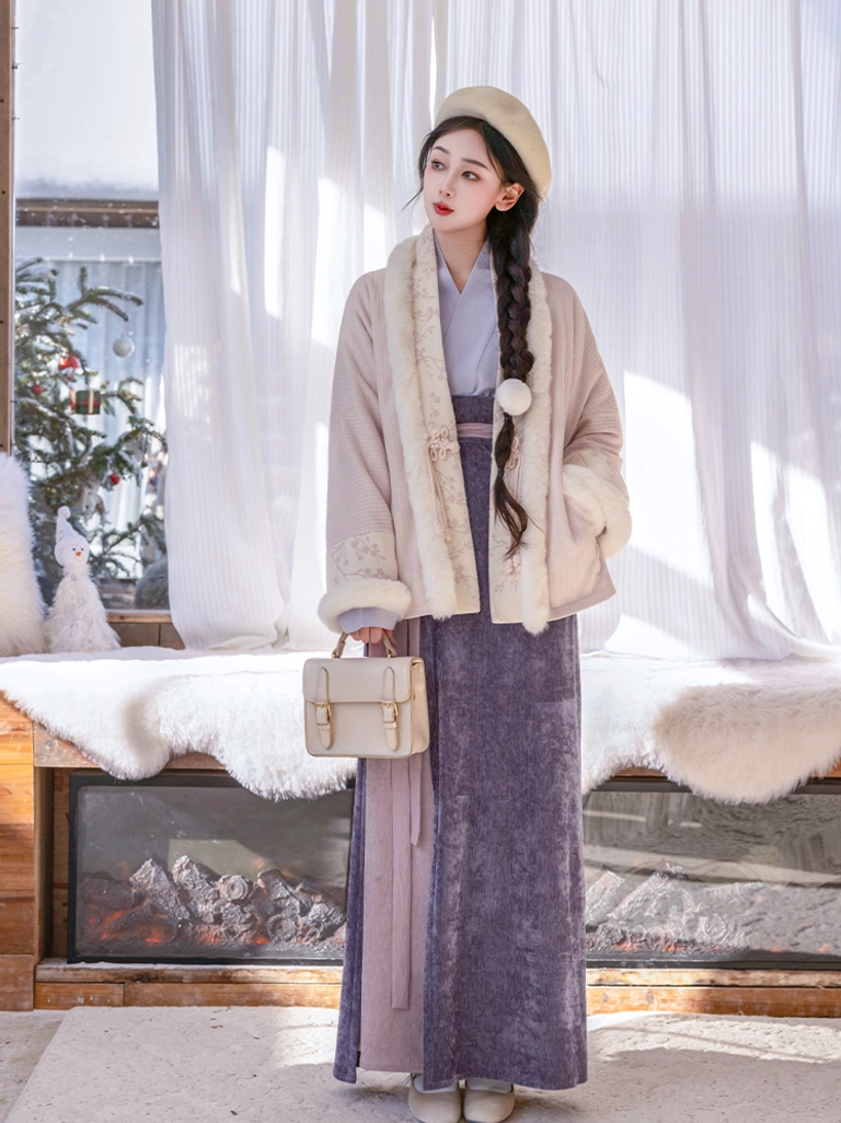 Full body model wearing a complete modern Song Dynasty hanfu set with coat winged sleeve top wrap skirt and practical pockets