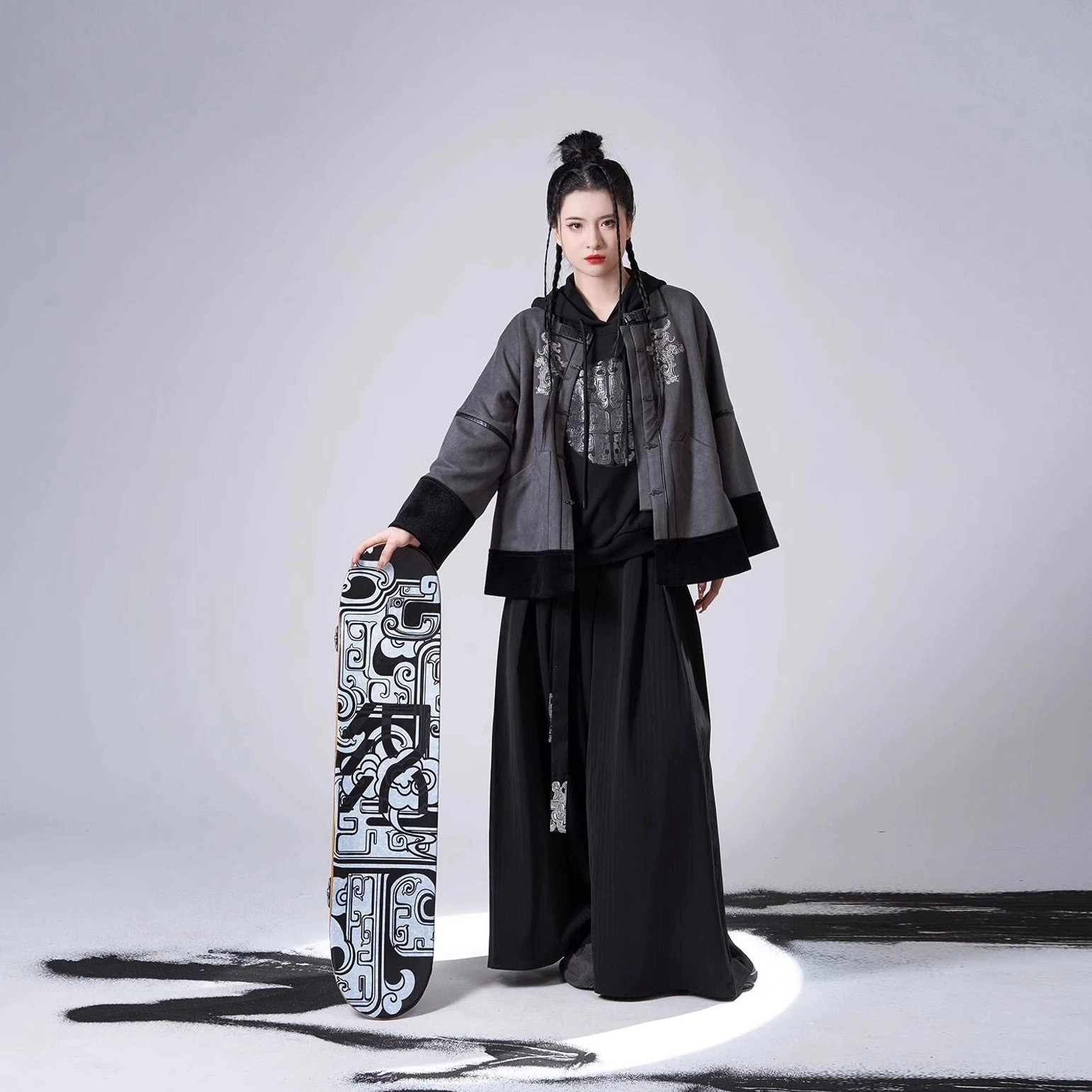 Complete modern Song Dynasty Hanfu set worn as a layered outfit with grey and black dragon jacket, hooded sweater, and wide-leg pants