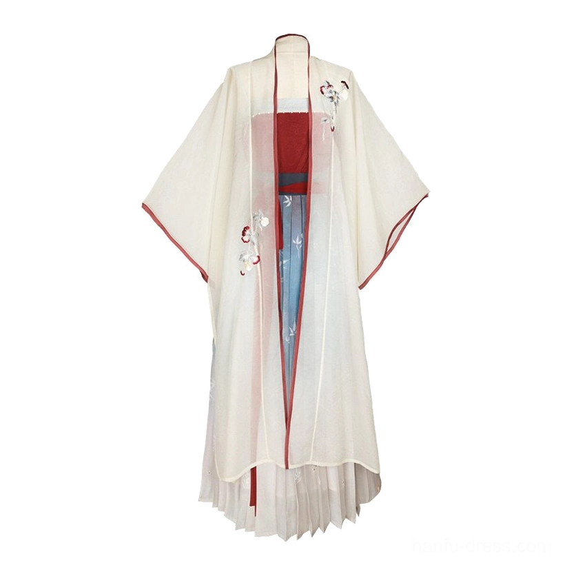 Complete three piece modern Song Dynasty Hanfu set with burgundy camisole, embroidered cream cardigan, and blue white gradient pleated skirt