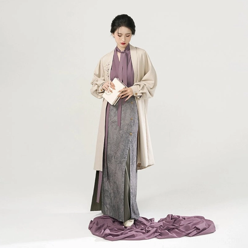 Complete modern Song Dynasty Hanfu three piece set with ivory embroidered jacket, purple winged sleeve top, and grey pleated wrap skirt