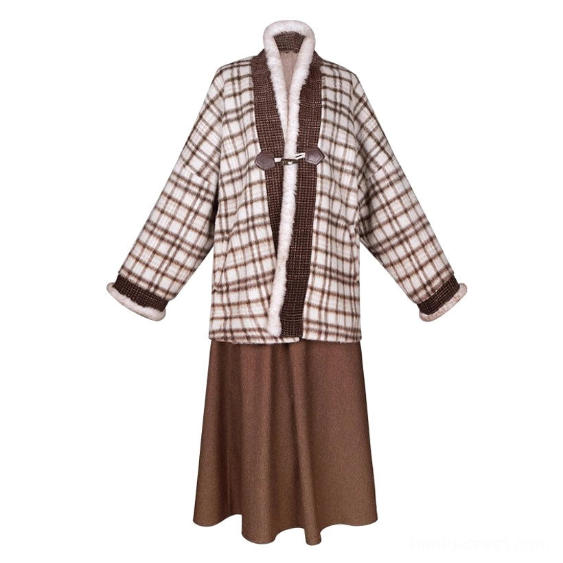 Complete modern Song Dynasty hanfu winter set flat lay featuring plaid coat white blouse and brown pleated skirt