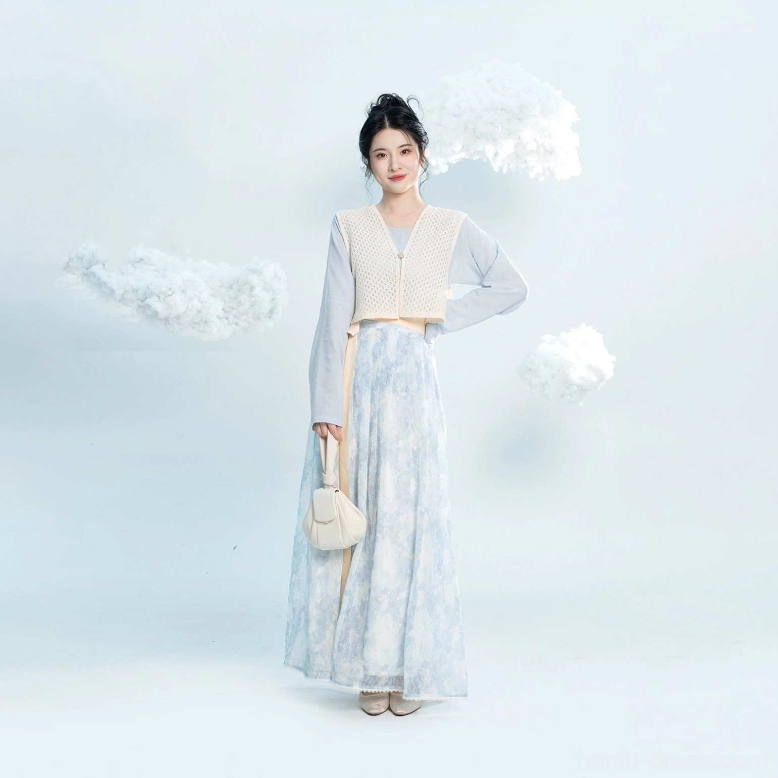 Complete modern Tang Dynasty Hanfu set with coordinated sky blue and beige layers and blue floral pleated skirt