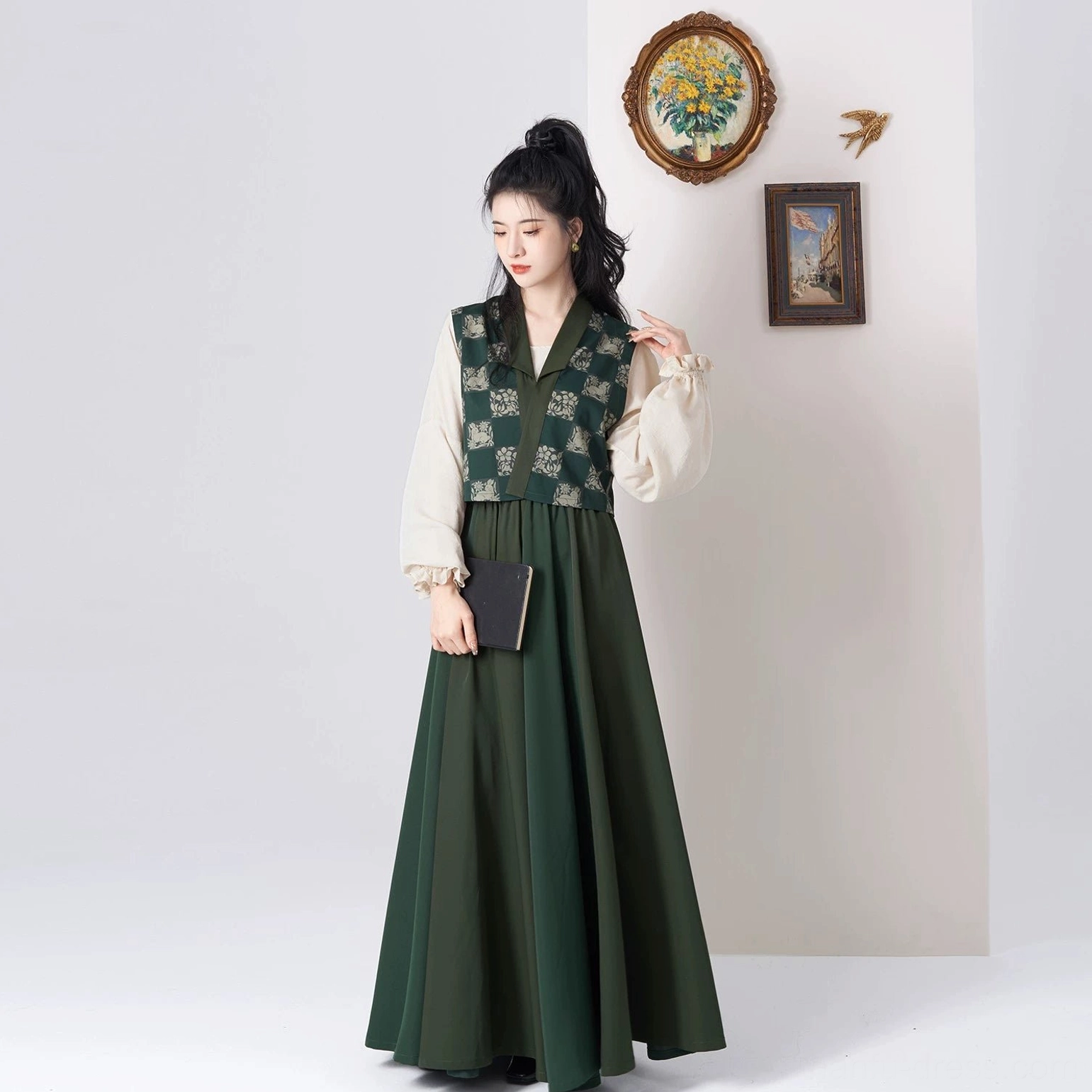 Complete modern Tang Dynasty Hanfu set shown from the front with dark green floral Beizi, off white top, and full length eight panel skirt
