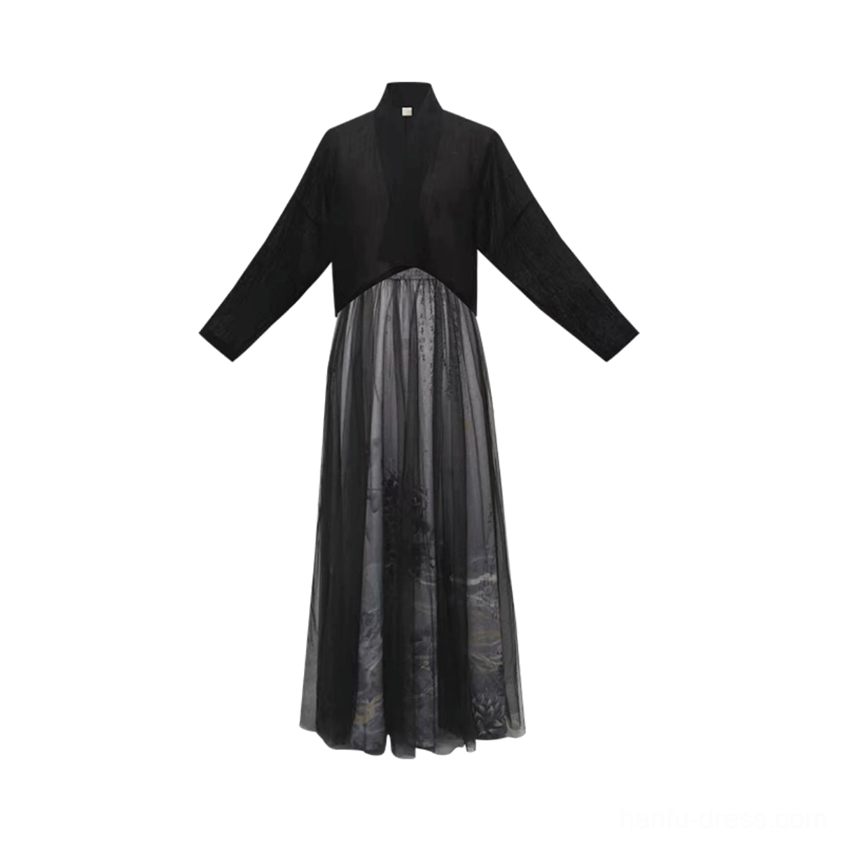 Complete modern Tang style Hanfu set featuring a sheer cropped cardigan matching ink print slip maxi dress and waist sash