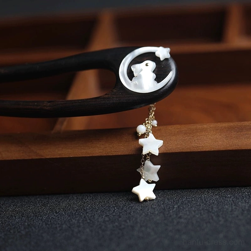 Complete Moon Rabbit Hanfu hair stick with luminous inlay, three gradient shell star pendants, white beads, and golden chain tassel