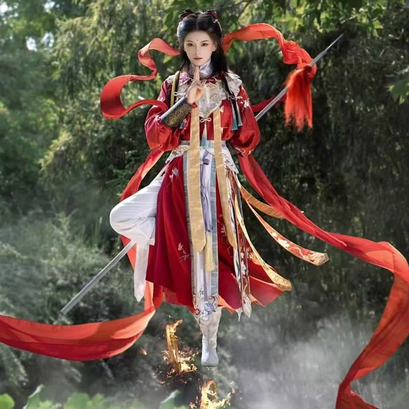 Complete Nezha Hanfu cosplay set for men featuring a red and white layered robe gold accents and Chinese mythology fantasy costume design