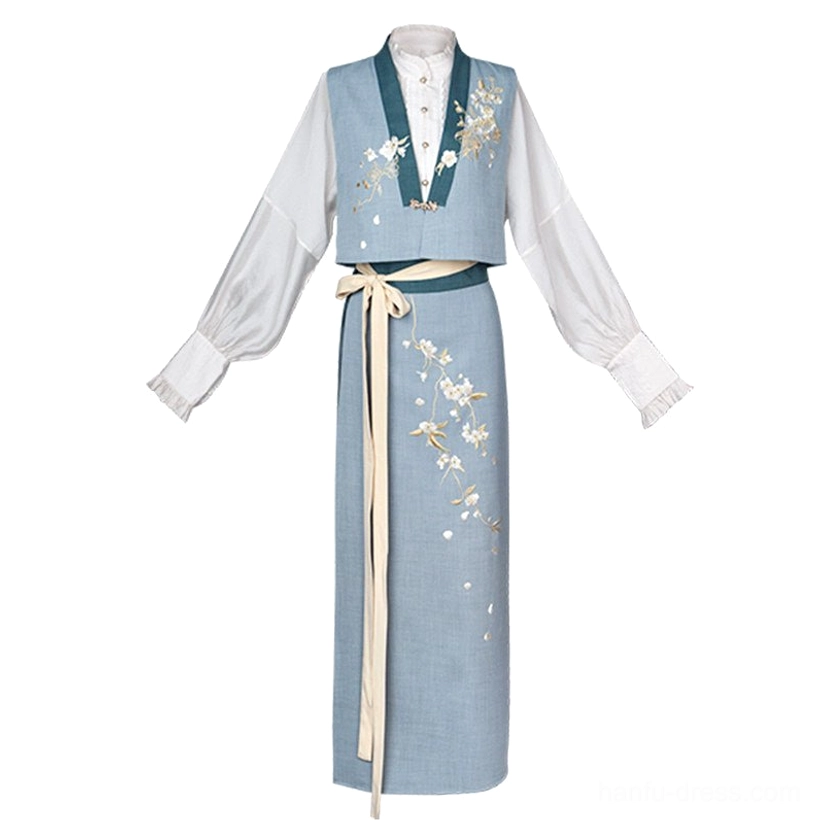 Complete Pear Blossoms Song Dynasty inspired Hanfu outfit flat lay showing white shirt, embroidered blue vest, and matching high-waisted wrap skirt
