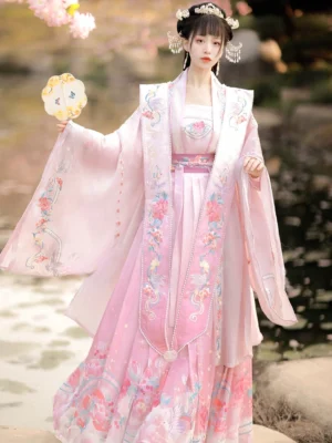 Front view of a complete pink embroidered Song Dynasty Hanfu set with high-waisted wrap skirt, matching chest piece, floral bird motifs, decorative sash, and cherry blossoms by a lakeside