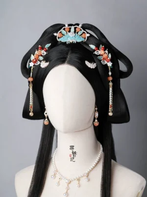 Complete Chinese Hanfu hair accessory set displayed on a traditional wig mannequin with pumpkin tassel hairpins blue floral hair crown matching necklace and drop earrings