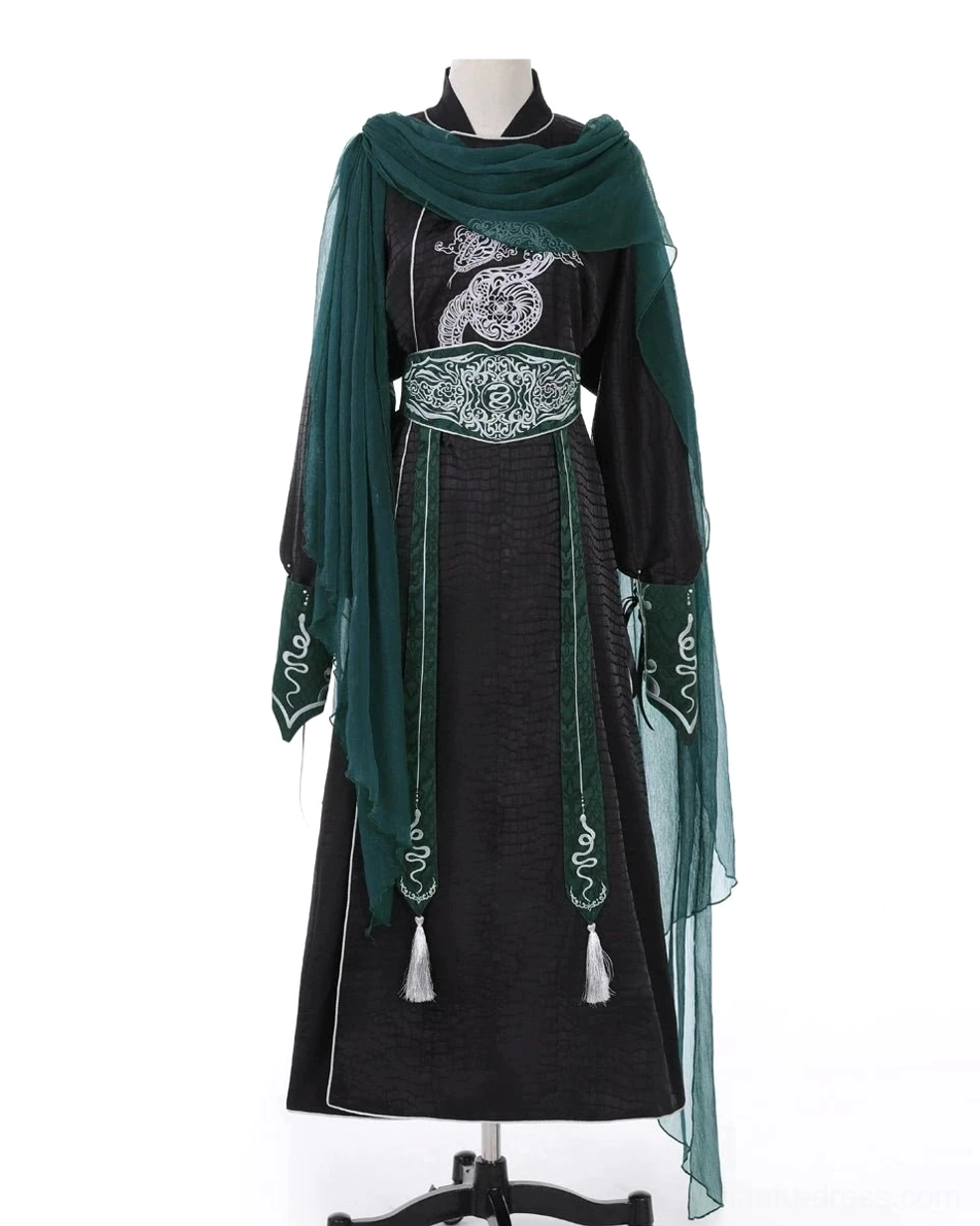 Full display of the complete Snake Encounter xianxia Hanfu costume on a mannequin, featuring black grid-textured robe, silver snake embroidery, dark green scarf, and white tassel accents