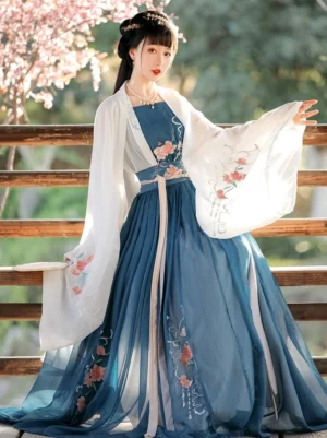 Side three-quarter view of a complete Song Dynasty Hanfu outfit with flowing chiffon layers, wide sleeves, coordinated floral embroidery, peacock blue skirt, and beige waist ties