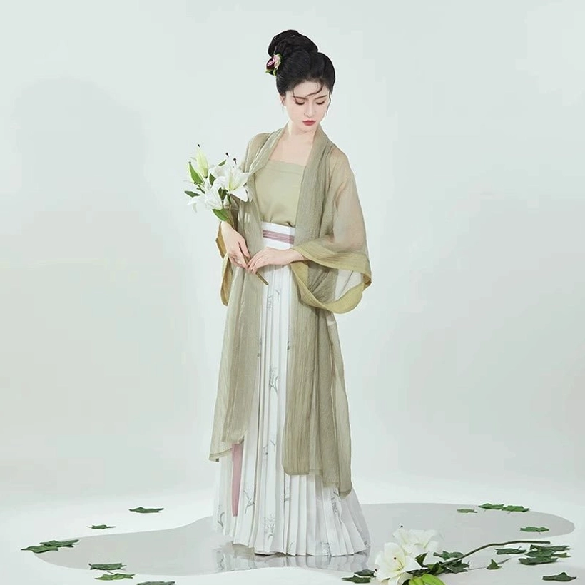Full-body front view of the complete sage green Song Dynasty modern Hanfu Bubble Tea outfit with sheer robe, camisole, bamboo print skirt, and pink accent sash