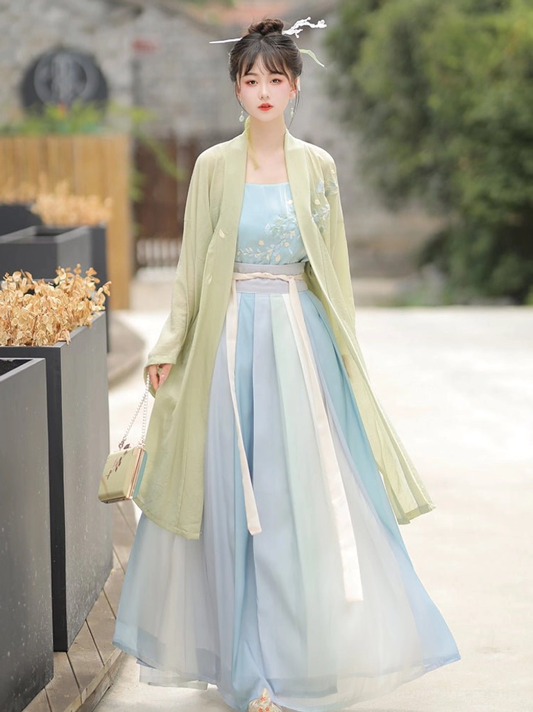 Complete Song Dynasty Qiyao Ruqun Hanfu set with green embroidered beizi camisole and blue gradient wrap skirt