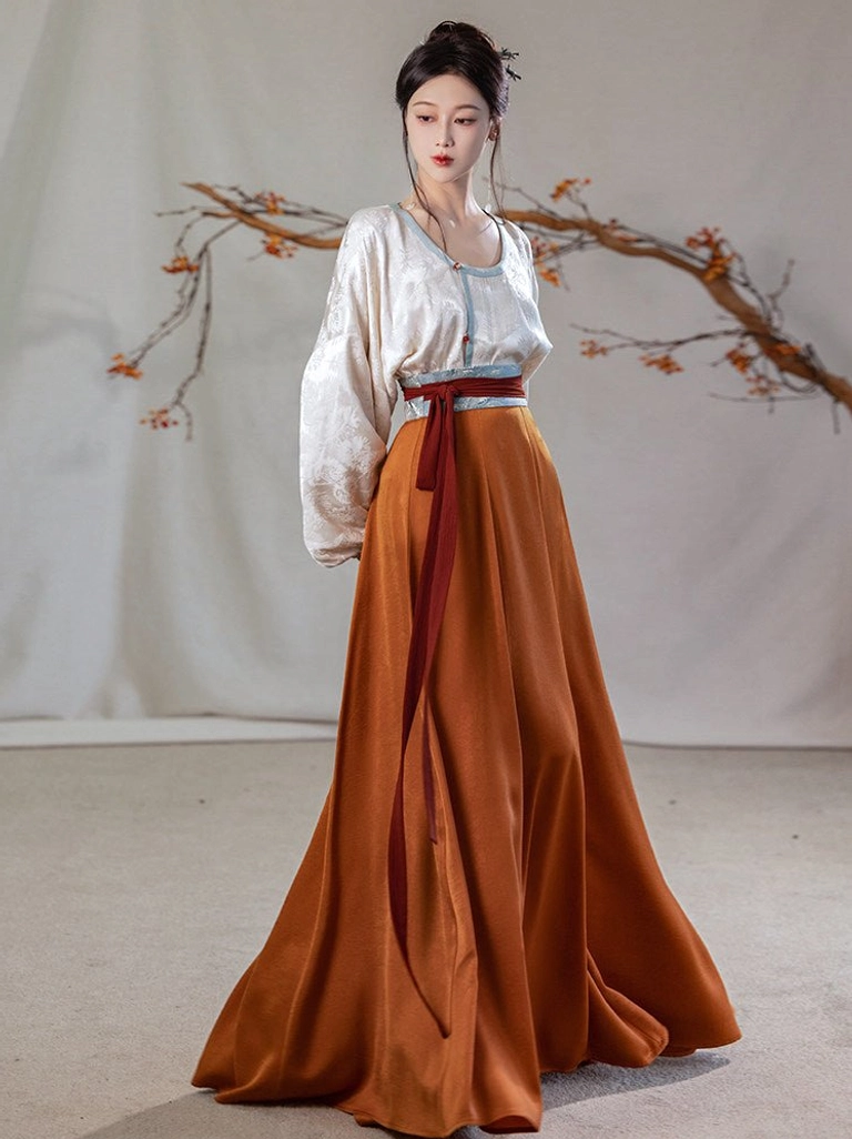 Complete Tang Dynasty Hanfu outfit with round collar top, matching waist belt, pleated wrap skirt, and traditional styling shown from the front