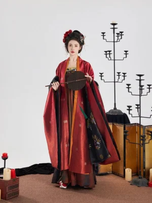 Complete Tang Dynasty Hanfu outfit with burgundy wide sleeves, floor-length layered skirt, traditional hair ornaments, and silk round fan