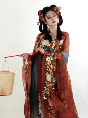 Complete Tang Dynasty Hanfu Heziqun set featuring an embroidered rust red outer robe, gradient teal floor length pleated skirt, red waist ribbons, and floral styling