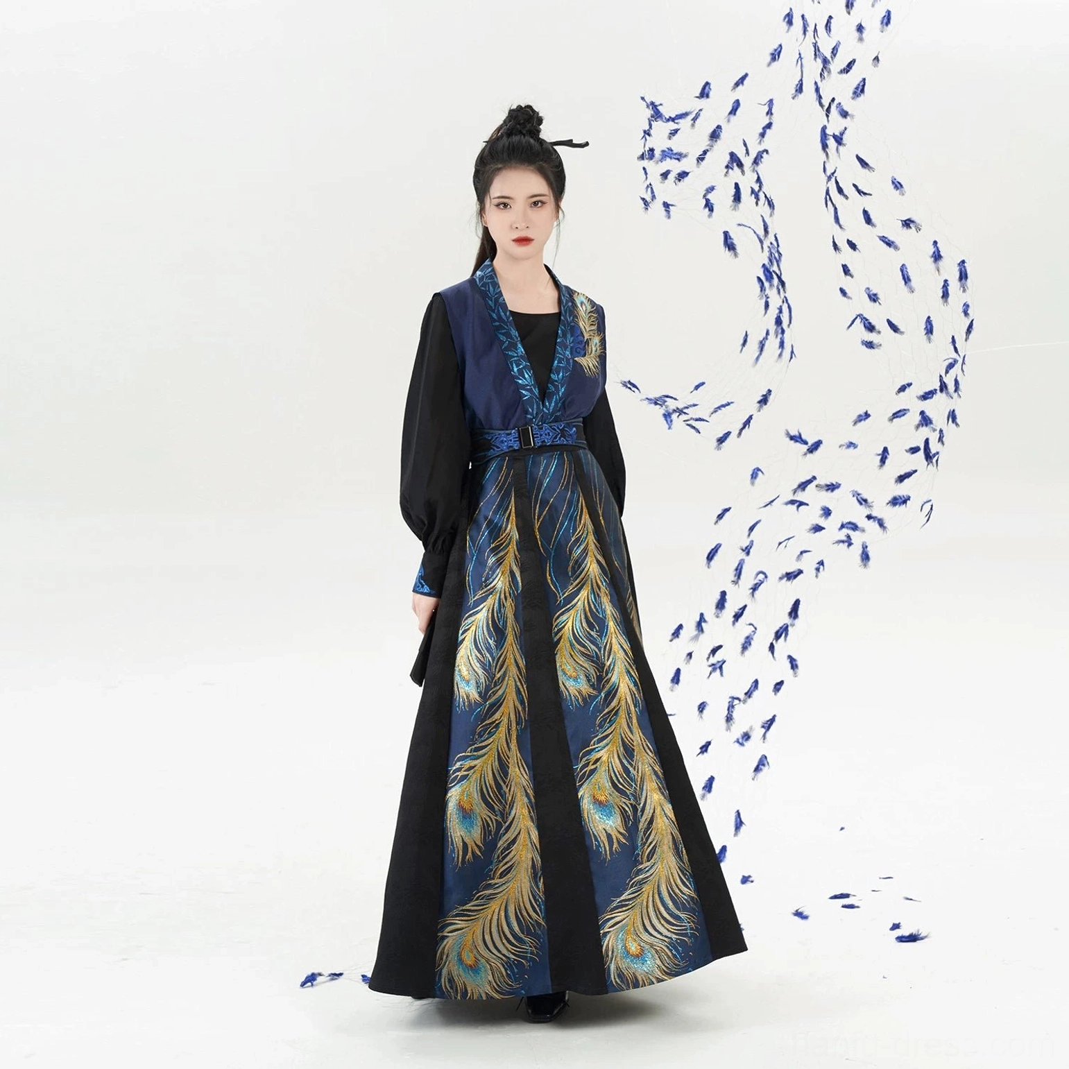 Full front view of the complete Yinzhu Saling inspired Tang Dynasty modern hanfu set with navy beizi, black top, and elegant warrior-style skirt