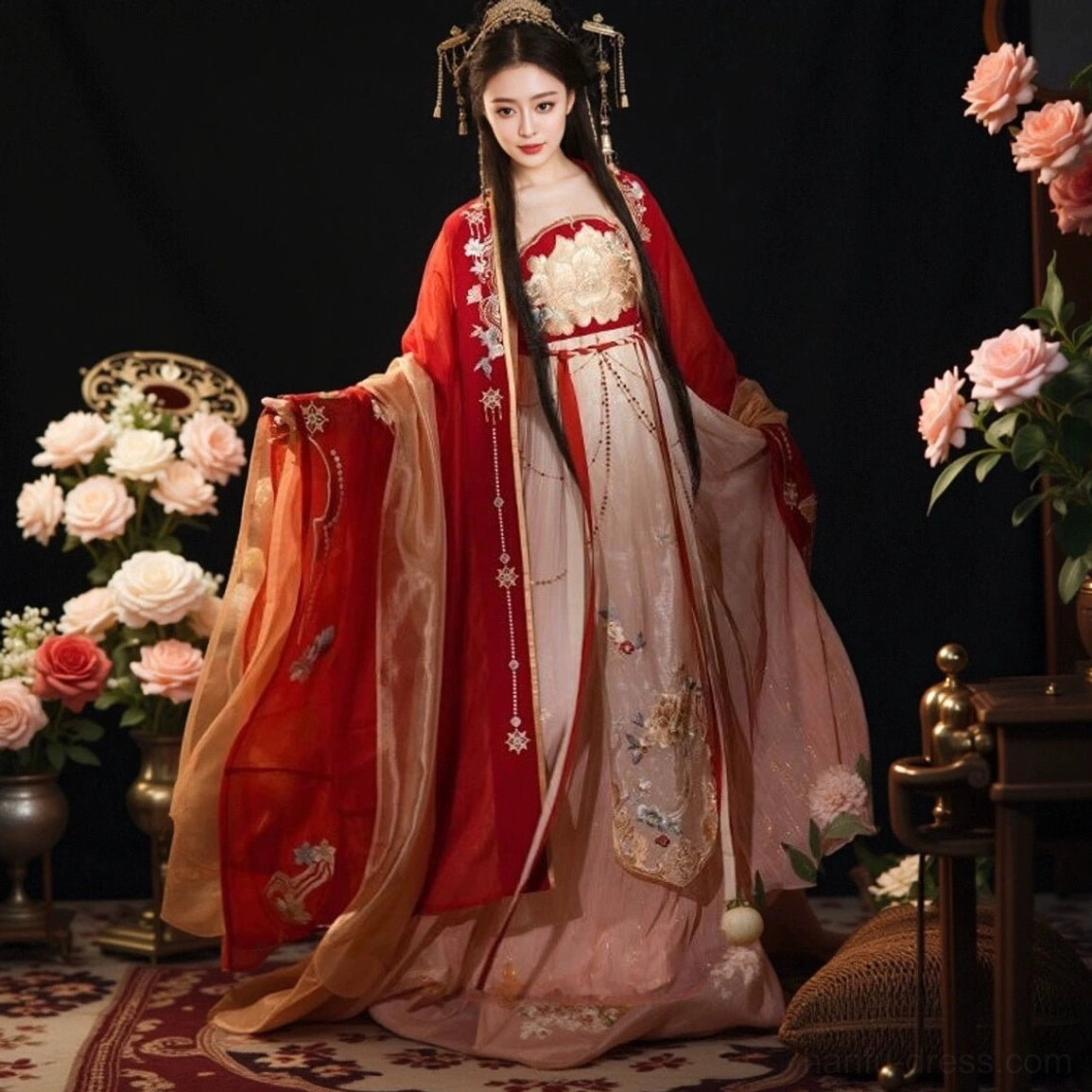 Complete Tang Dynasty peony embroidered red bridal hanfu wedding set with layered heziqun dress and traditional Chinese bridal styling