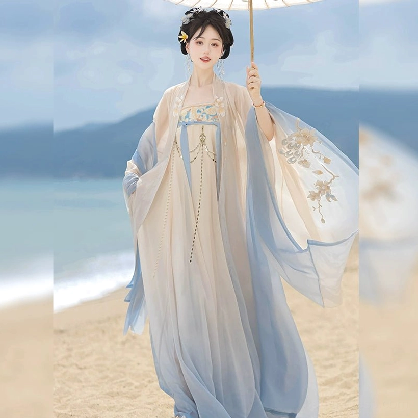 Complete Tang Dynasty style Hanfu Heziqun dress set with cream to sky blue gradient, floral embroidered wide sleeves, chest tassel, and Pibo sash