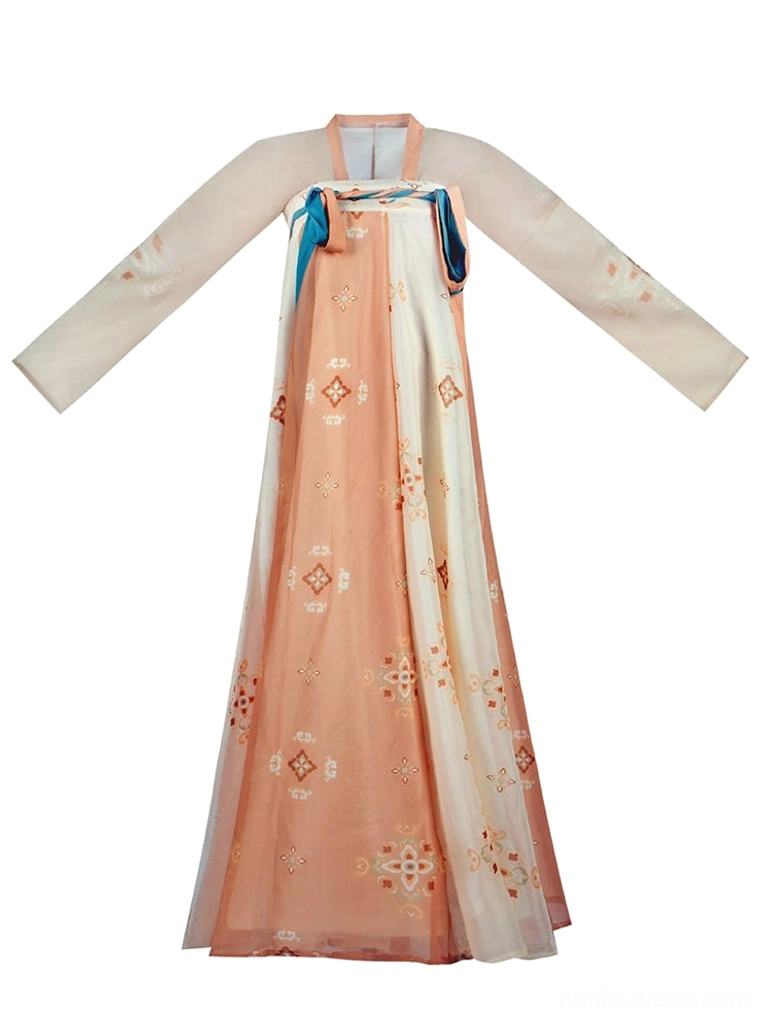 Flat lay view of a complete Tang-style Qixiong Ruqun Hanfu set with floral color-block skirt wrap top and chest sash