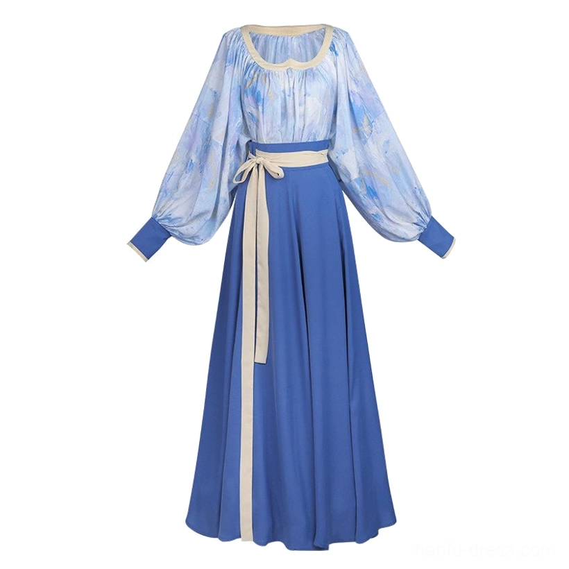 Complete Van Gogh Sea Tang Dynasty Hanfu set displayed flat with artistic blue heart collar blouse and matching navy pleated wrap skirt