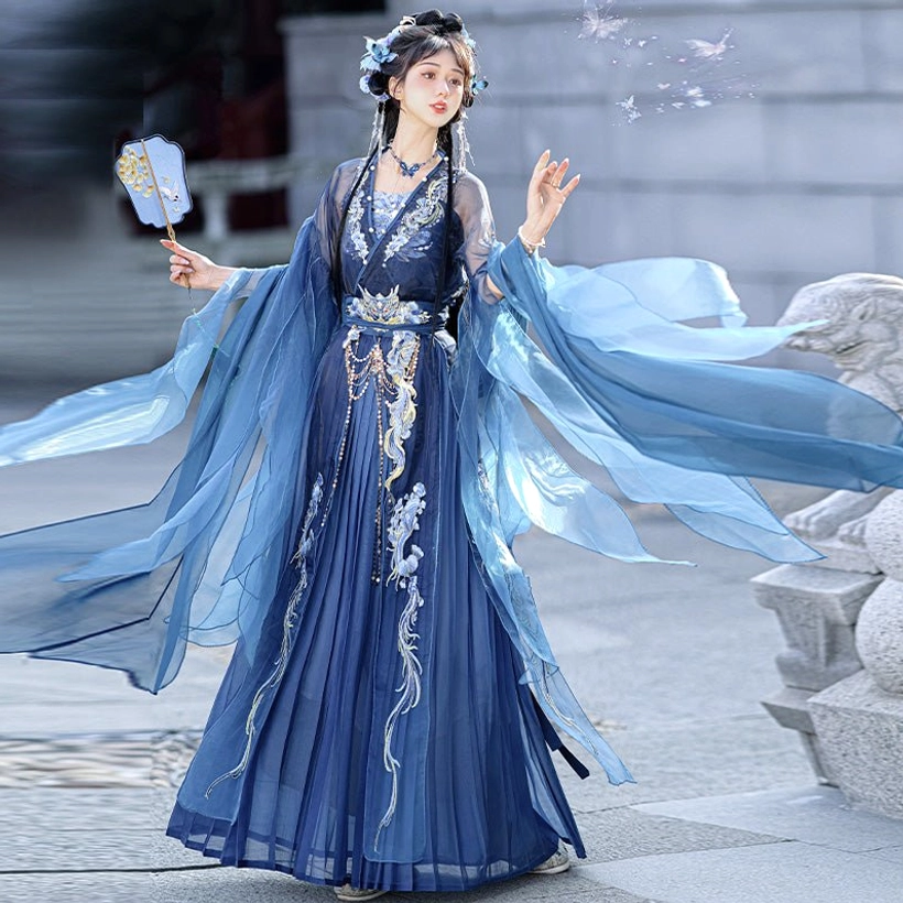 Complete navy and light blue Wei Jin Dynasty Hanfu set with pleated wrap skirt, flowing chiffon sleeves, subtle bodice embroidery, and fantasy styling