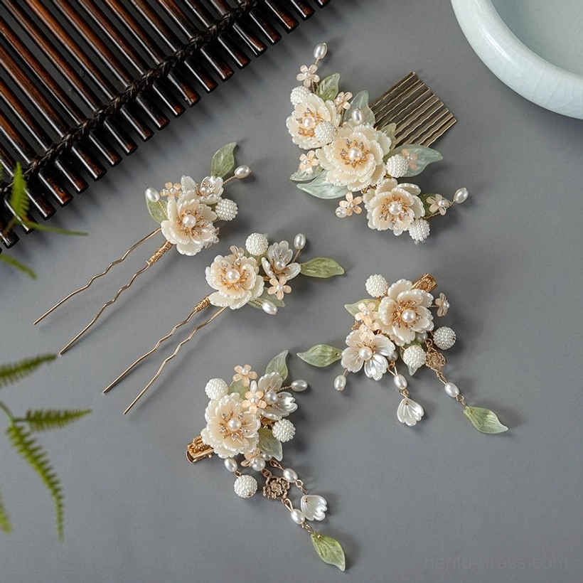 Complete white peony Hanfu hair accessory set including floral hair comb, pearl tassel hair clips, and matching U-shaped hairpins