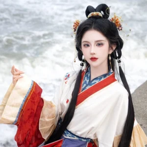 Complete Yi Huan Hanfu hair accessories set styled on traditional Chinese hair buns with symmetrical floral ornaments and drop earrings