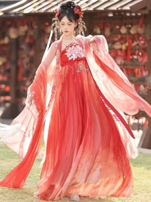 Red Tang Dynasty Hanfu heziqun dress set with peony embroidery, sheer wide sleeves, gradient skirt, and flowing pibo sash