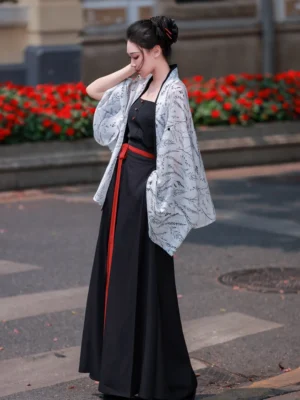 Contemporary Chinese Hanfu outfit shown from the side with a printed Song-style jacket, black wide-leg trousers, and contrasting red waist tie