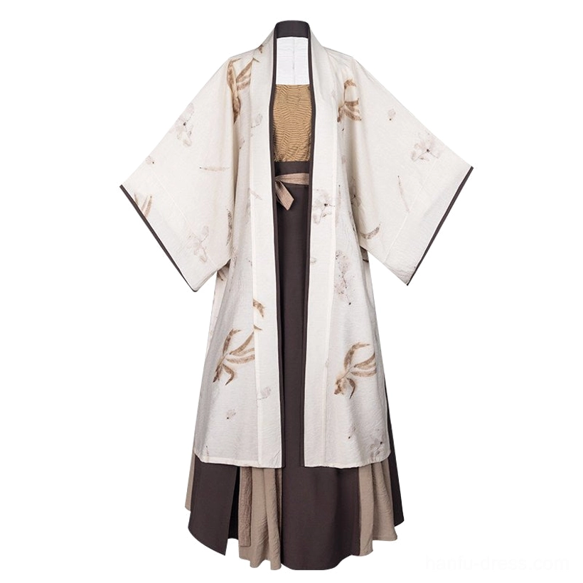 Hanging display of coordinated Song Dynasty modern Hanfu set including printed beizi jacket, textured camisole, and earthy color-blocked wrap skirt