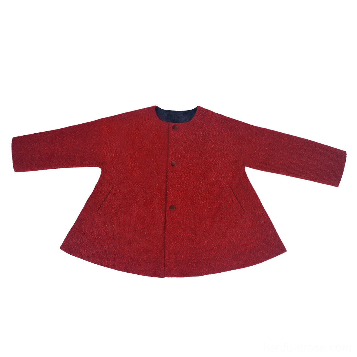 Flat lay of a coral red boucle wool blend Tang Dynasty inspired hanfu jacket with loose A line cut and button closure