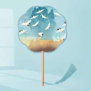 Crane blossom tuanshan traditional Chinese hand fan with scalloped plum flower shape, blue tassel, bamboo handle, red-crowned crane and ancient architecture artwork