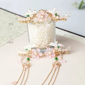 Complete crane and cherry blossom Hanfu hair accessory set with gold tone crown ornament, matching side hairpins, green beads, and flowing chain tassels