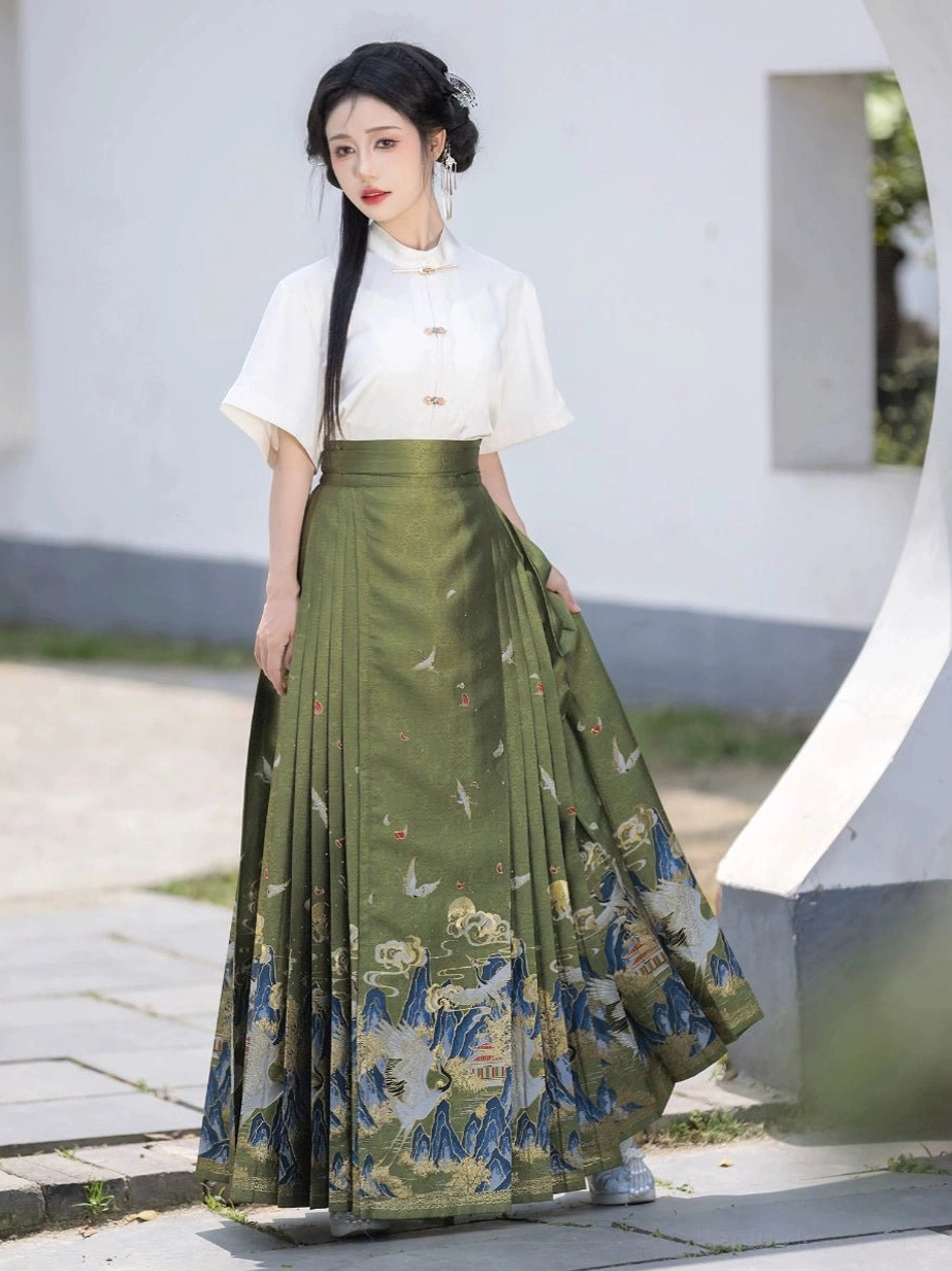 Green Crane Returns mamianqun horse face skirt front view with traditional Chinese crane and mountain motifs