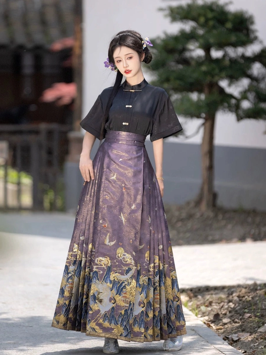 Purple Ming style mamianqun horse face skirt with crane mountain and cloud motifs styled with a black Hanfu blouse