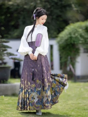 Purple Crane Returns Ming style mamianqun horse face skirt with crane cloud and landscape pattern front view