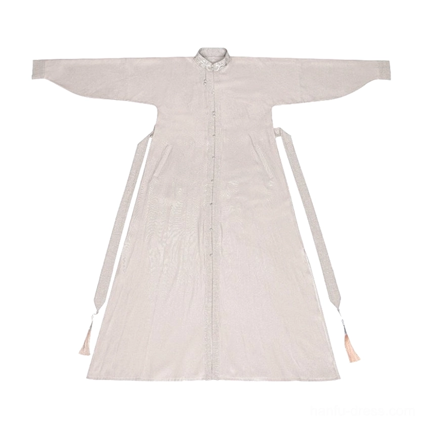 Cream beige Ming-inspired Wuxia Hanfu dress flat lay with embroidered stand collar central button placket wide sleeves and flowing full length skirt