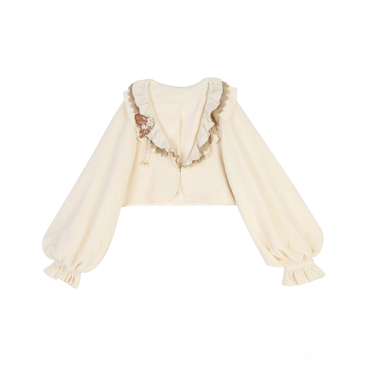 Cropped cream beige modern Hanfu cardigan with ruffled collar, tiny floral embroidery, lantern sleeves, and flared cuffs