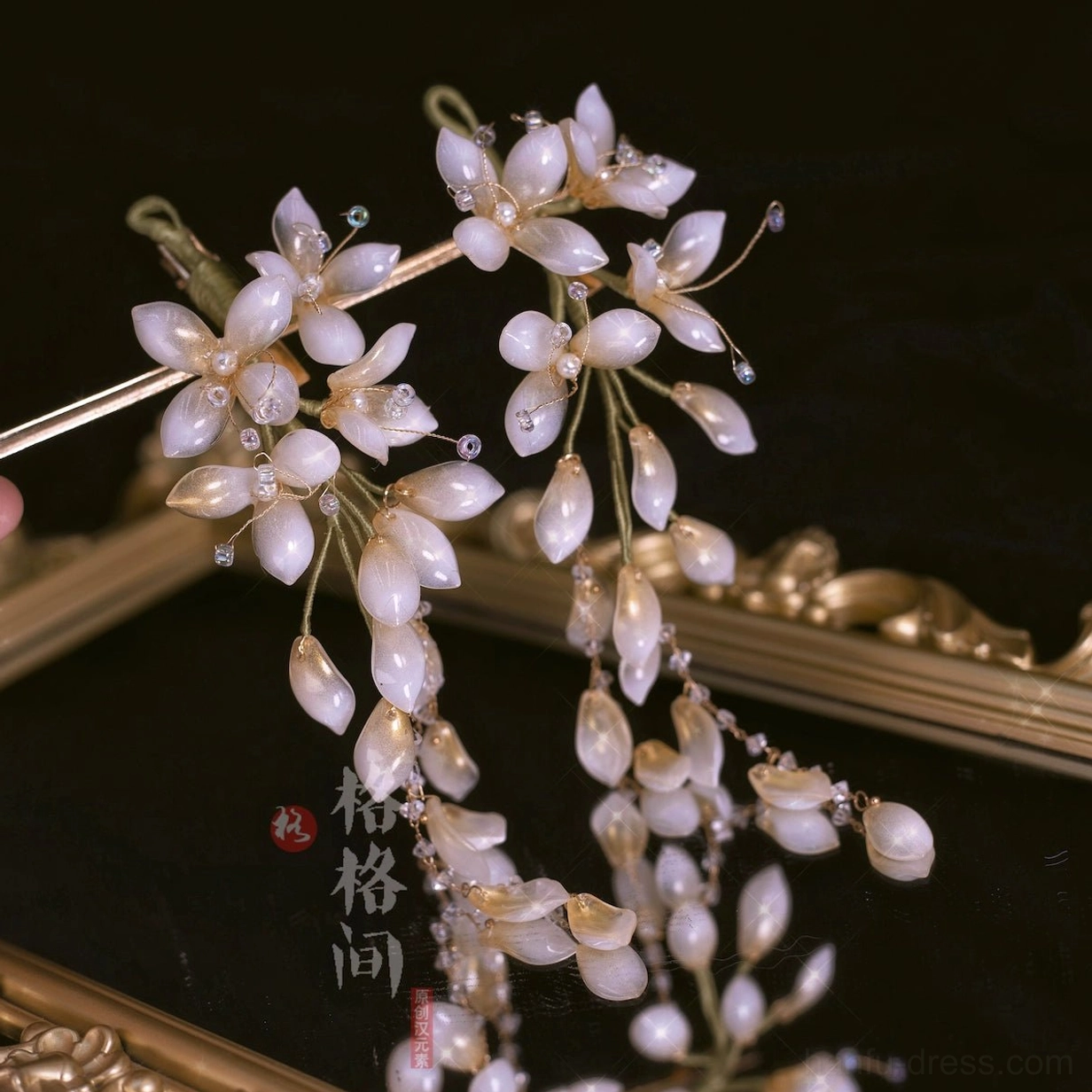 Cream beige wisteria glass hair pins with small clustered flowers thin metal branches and tiny crystal details