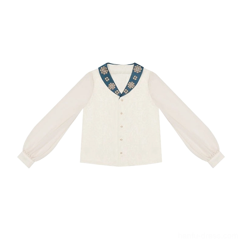Standalone cream long sleeve hanfu top with front button fastenings, embroidered navy V-neckline, detachable neck ribbon, and Tang-style design