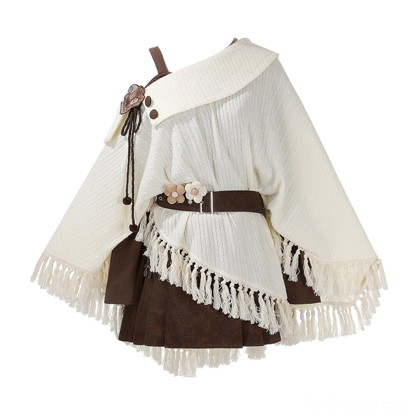 Flat lay of cream ribbed modern Hanfu knit cloak with flower button accents tassel fringe matching brown belt and small pouch
