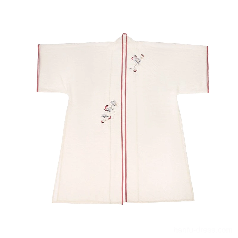 Flat lay display of cream Song Dynasty Hanfu cardigan with floral embroidery, red trim, wide sleeves, and traditional silhouette