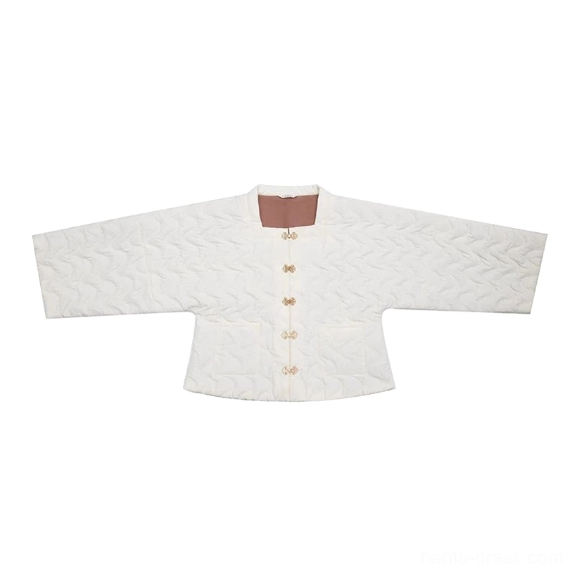 Flat lay of a cream square-collar Hanfu padded jacket with diamond quilting traditional Chinese frog buttons wide sleeves and brown collar lining