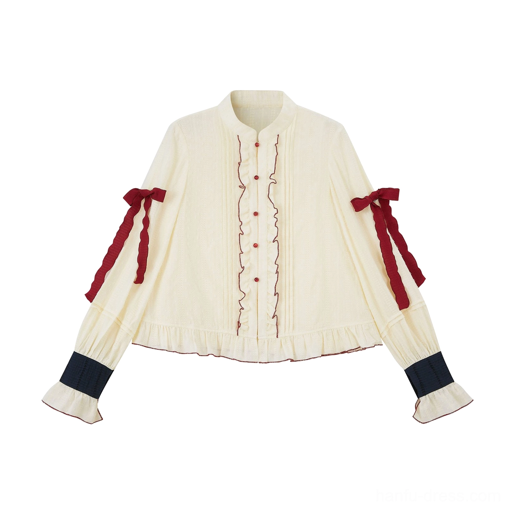 Cream white long sleeve modern Hanfu blouse with stand collar, wine red ruffles, ribbon cuffs, and front buttons