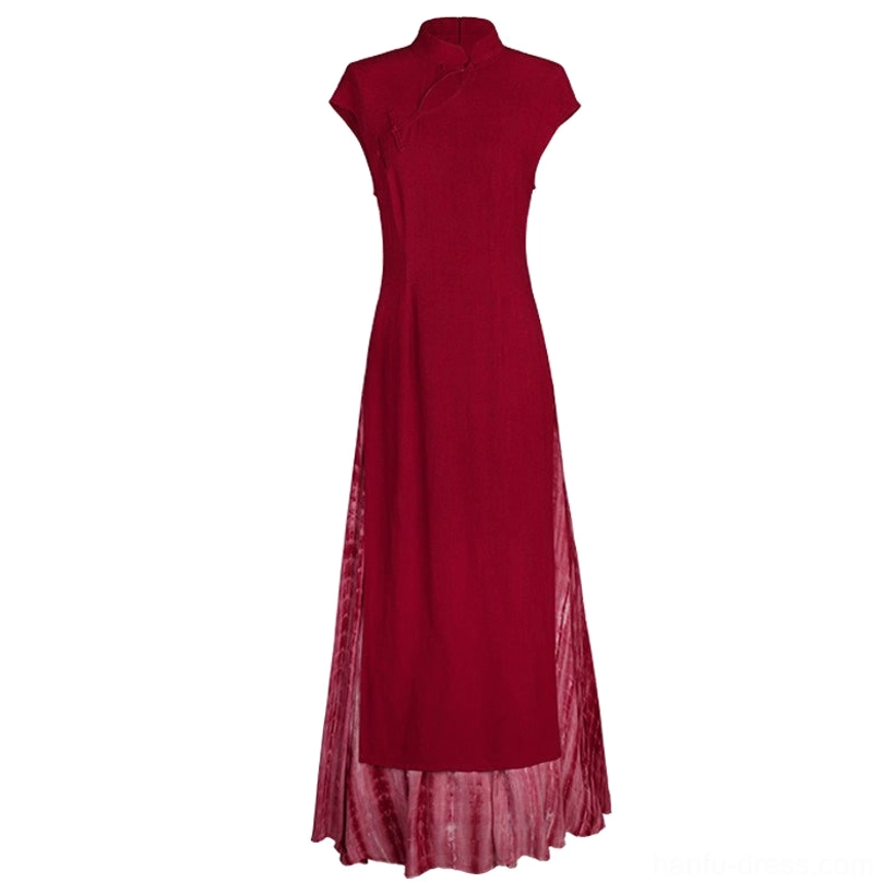 Back view of crimson Ao Dai qipao top with fitted long bodice, stand collar, cap sleeves, and flowing tie-dye skirt overlay