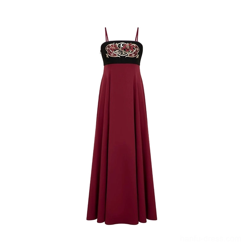 Standalone crimson burgundy Tang-inspired Hanfu slip dress with black embroidered bust panel, thin shoulder straps, and flowing long A-line skirt