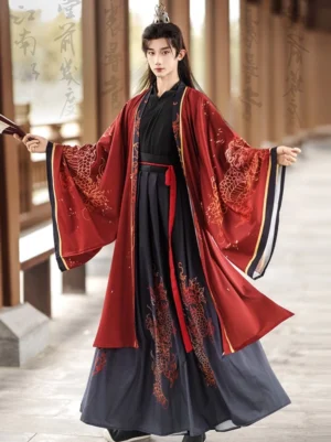 Full front view of red crimson dragon Wei-Jin inspired hanfu set for men with wide sleeves and dark layered wrap skirt