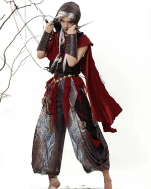 Crimson Feather hooded sleeveless Hanfu set for men with red shawl feather print pants and martial wrist guards