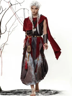 Full front view of Crimson Feather mens Hanfu complete set with crimson hooded shawl sleeveless top and wide leg pants